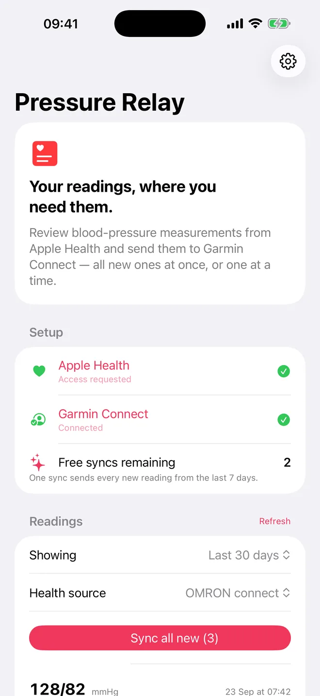 Setup screen with Apple Health and Garmin Connect connected and two free syncs remaining