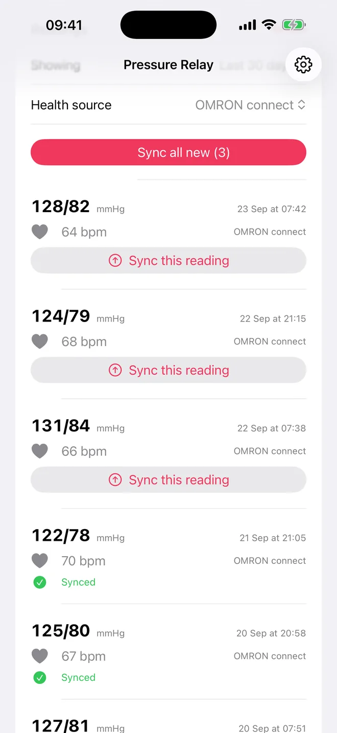 List of blood-pressure readings from a monitor app with a Sync all new button